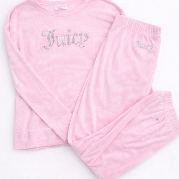 Juicy Couture Tracksuit - Pink Velour Rhinestone Logo Loungewear Set (L + XL) - Picture 5 of 6